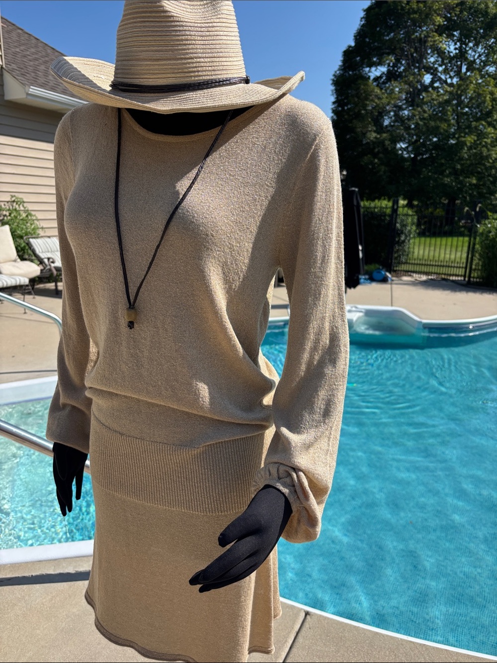 Golden Drop Waist Balloon Sleeve Tan Cream Metallic Glitter Crewneck Knit Dress